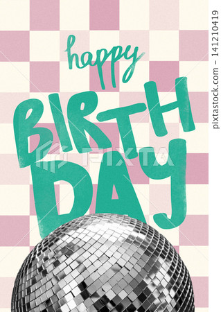 Celebration of happy birthday with colorful design and disco ball at a party Celebration of happy birthday with colorful design and disco ball at a party 141210419