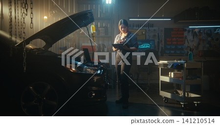 Woman Technician Performs Digital Vehicle Diagnostics, While Tablet Assists With AI Based Woman Technician Performs Digital Vehicle Diagnostics, While Tablet Assists With AI Based 141210514