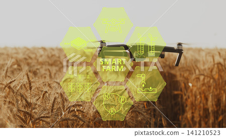 Smart farm uses drone technology for crop management in wide fields during daylight Smart farm uses drone technology for crop management in wide fields during daylight 141210523