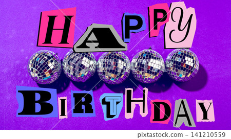 Celebration for birthday with colorful letters and shiny disco balls on purple background Celebration for birthday with colorful letters and shiny disco balls on purple background 141210559