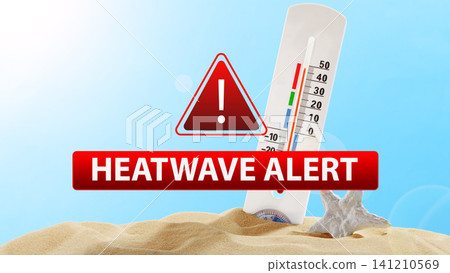Heatwave alert with thermometer showing high temperature in sandy environment during summer season 141210569