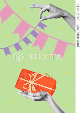 Hands hold a gift while decoration hangs in the background for a joyful birthday celebration Hands hold a gift while decoration hangs in the background for a joyful birthday celebration 141210618