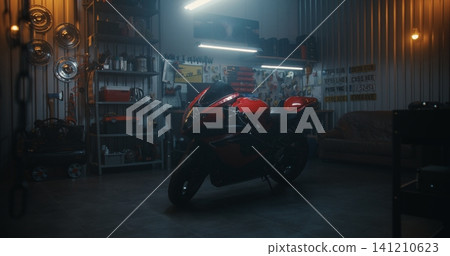 Stylish Woman in Black Leather Outfit Mounting Sport Motorcycle in Professional Garage 141210623