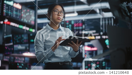 Financial Specialist Consulting Client Via Headset While Syncing Tablet and Screen Analytics 141210648