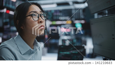 Professional Female Trader Works in High Tech Digital Trading Center Professional Female Trader Works in High Tech Digital Trading Center 141210683