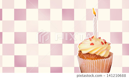 Happy birthday celebration with cupcake and candle on checkered background 141210688