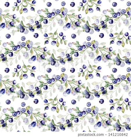 Bilberry pattern with watercolor hand drawn wild berries and green leaves isolated white. Seamless rippled background of forest fruit for kitchen textile, wrapping paper, wallpaper and surface design. 141210842
