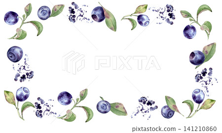 Watercolor blueberry frame with green leaves and berry splatters isolated. Botanical vibrant blank for wedding invitation or card design. Fresh organic berry border with juicy splash hand drawn. Watercolor blueberry frame with green leaves and berry splatters isolated. Botanical vibrant blank for wedding invitation or card design. Fresh organic berry border with juicy splash hand drawn. 141210860