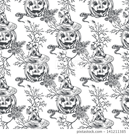 Halloween seamless pattern with pumpkins in hats, snakes, roses and branches. Hand drawn vector illustration in a graphic style. Black ink clip art for textiles, wrapping paper and covers. 141211385