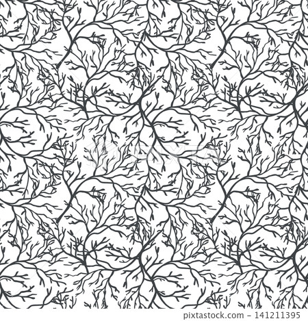 Intertwined tree branches seamless pattern. Hand drawn vector illustration for Halloween in a graphic style. Black ink clip art for textiles, wrapping paper and covers. Intertwined tree branches seamless pattern. Hand drawn vector illustration for Halloween in a graphic style. Black ink clip art for textiles, wrapping paper and covers. 141211395