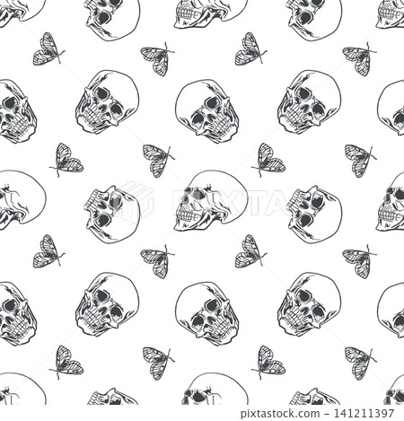 Human skull seamless pattern with flying butterflies. Hand drawn vector illustration for Halloween in a graphic style. Black ink clip art for textiles, wrapping paper and covers. Human skull seamless pattern with flying butterflies. Hand drawn vector illustration for Halloween in a graphic style. Black ink clip art for textiles, wrapping paper and covers. 141211397