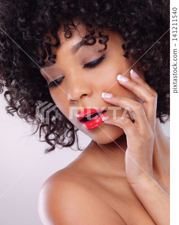 Skincare, beauty and face of black woman with red lipstick, afro and confidence in studio. Dermatology, facial cosmetics and African model girl with makeup, inspiration and luxury on white background Skincare, beauty and face of black woman with red lipstick, afro and confidence in studio. Dermatology, facial cosmetics and African model girl with makeup, inspiration and luxury on white background 141211540