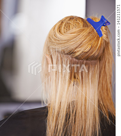 Woman, ready and hair care in salon, back and keratin treatment or dye for grooming. Female person, beauty and prepare for makeover transformation at hairdresser, cosmetics and pamper client Woman, ready and hair care in salon, back and keratin treatment or dye for grooming. Female person, beauty and prepare for makeover transformation at hairdresser, cosmetics and pamper client 141211571