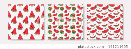 Set of Three Bright Seamless Watermelon Patterns with Sweet Slices and Seeds Set of Three Bright Seamless Watermelon Patterns with Sweet Slices and Seeds 141211605