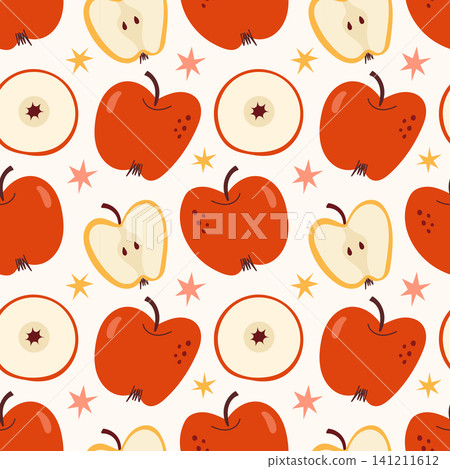 Cozy Seamless Apple Pattern with Whole Red Apples and Cut Halves on Light Background Cozy Seamless Apple Pattern with Whole Red Apples and Cut Halves on Light Background 141211612