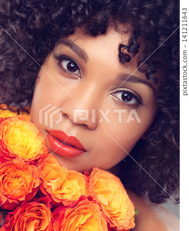 Headshot, portrait and woman with flowers, plants and bouquet for fragrance, scent and makeup for sustainable cosmetics. Girl, zoom and face for beauty with eco friendly, floral and organic skin care Headshot, portrait and woman with flowers, plants and bouquet for fragrance, scent and makeup for sustainable cosmetics. Girl, zoom and face for beauty with eco friendly, floral and organic skin care 141211643