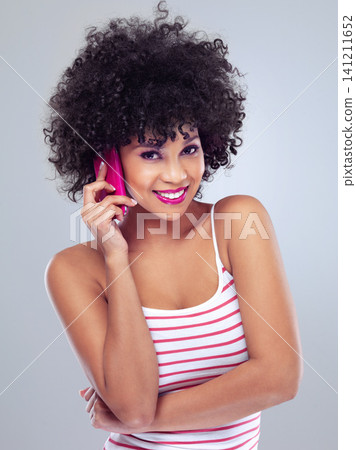 Black woman, smile with cellphone for phone call and communication, listen and lipstick on white background. Contact, chat and tech with afro hairstyle and pink makeup, app and connection in studio Black woman, smile with cellphone for phone call and communication, listen and lipstick on white background. Contact, chat and tech with afro hairstyle and pink makeup, app and connection in studio 141211652