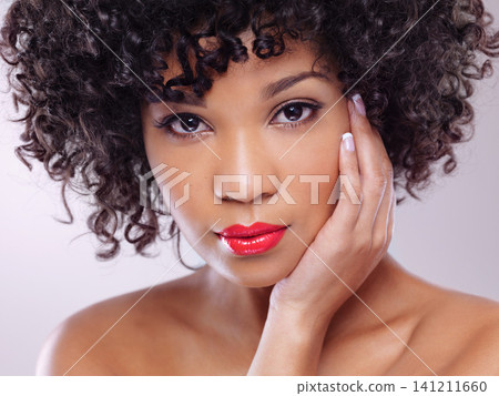 Confidence, beauty and portrait of black woman with lipstick, afro and skincare in studio. Dermatology, facial cosmetics and face of model girl with makeup aesthetic isolated on white background Confidence, beauty and portrait of black woman with lipstick, afro and skincare in studio. Dermatology, facial cosmetics and face of model girl with makeup aesthetic isolated on white background 141211660