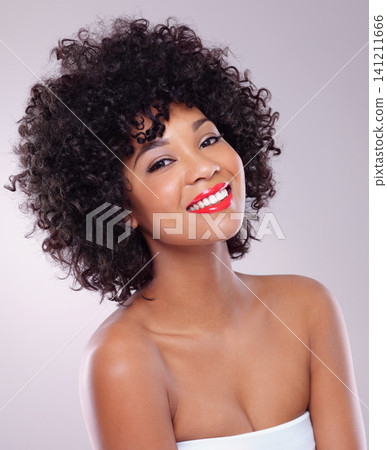 Skincare, beauty and portrait of black woman with cosmetics, afro and smile with confidence in studio. Dermatology, facial makeup and happy model girl with red lipstick isolated on white background Skincare, beauty and portrait of black woman with cosmetics, afro and smile with confidence in studio. Dermatology, facial makeup and happy model girl with red lipstick isolated on white background 141211666