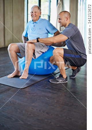Physiotherapist, support and senior man with ball, training and elderly help for care. Men, gym and exercise for health, wellness and coaching with osteoporosis for mature rehab and wellbeing Physiotherapist, support and senior man with ball, training and elderly help for care. Men, gym and exercise for health, wellness and coaching with osteoporosis for mature rehab and wellbeing 141211672