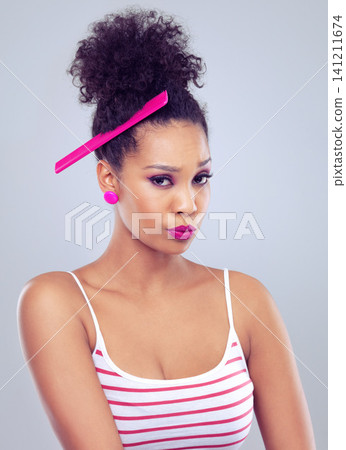 Portrait, comb and black woman with hair care, beauty and cosmetology on a white studio background. Face, African person and model with treatment and grooming routine with wellness and healthy scalp Portrait, comb and black woman with hair care, beauty and cosmetology on a white studio background. Face, African person and model with treatment and grooming routine with wellness and healthy scalp 141211674