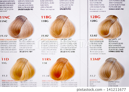 Hair color, catalog and closeup of swatches at hairdresser for tone, shade and chart for options with information. Display, palette and labels with description for choice, sample or decision at salon 141211677