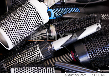 Hairbrush, salon and set for closeup with styling equipment for grooming, fast growth and health. Many, accessories and brush at hairdresser for zoom, treatment and care for transformation with tools 141211689
