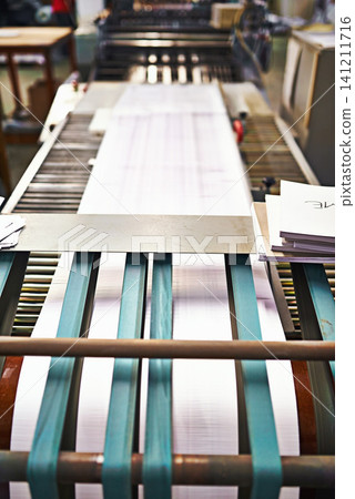 Printer, machine and paper factory or equipment for manufacturing distribution, ink jet or press. Technology, automated and supplier tools for production process at warehouse, business or publishing 141211716