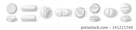 White 3D pill and tablet realistic mockup icon White 3D pill and tablet realistic mockup icon 141211748