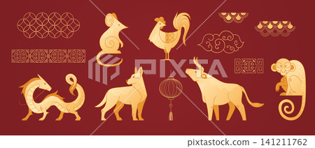 Chinese zodiac animals, abstract gold silhouettes Chinese zodiac animals, abstract gold silhouettes 141211762