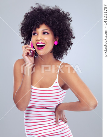 Black woman, cellphone for surprise phone call and communication, listening and lipstick on white background. Contact, chat and tech with afro hairstyle and pink makeup, app and wow for conversation Black woman, cellphone for surprise phone call and communication, listening and lipstick on white background. Contact, chat and tech with afro hairstyle and pink makeup, app and wow for conversation 141211787