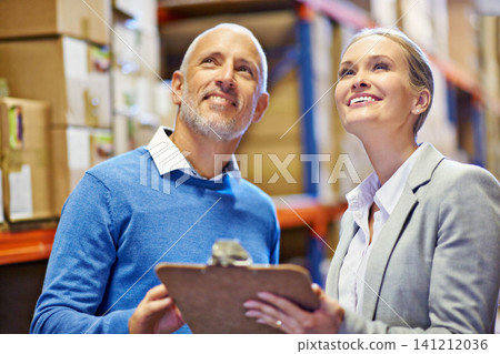 Warehouse, clipboard or business people with vision for logistic, delivery or cargo, shipping or planning. Factory, supply chain or team smile for paper checklist or retail, stock or procurement note Warehouse, clipboard or business people with vision for logistic, delivery or cargo, shipping or planning. Factory, supply chain or team smile for paper checklist or retail, stock or procurement note 141212036