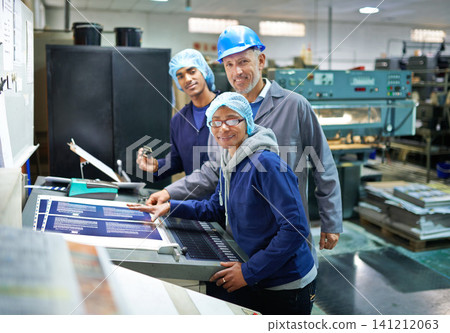 Factory, employees and working with printing, distribution and documents for publication, media and magazine. People, teamwork and process for printed press, edition and advertisement for newspaper Factory, employees and working with printing, distribution and documents for publication, media and magazine. People, teamwork and process for printed press, edition and advertisement for newspaper 141212063