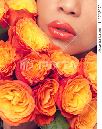 Mouth, zoom and woman with flowers, plants and bouquet for fragrance, scent and makeup for sustainable cosmetics. Girl, rose and lips for beauty with eco friendly, floral and organic skin care 141212073