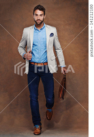 Travel, bag and portrait of man with fashion in studio, background and mockup for business vacation. Formal, style and luxury luggage for airport, journey to Italy and walk in leather shoes with suit Travel, bag and portrait of man with fashion in studio, background and mockup for business vacation. Formal, style and luxury luggage for airport, journey to Italy and walk in leather shoes with suit 141212100