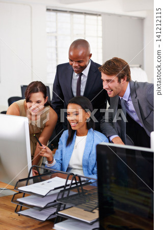 Happy, business people and coaching with team on computer for meeting, presentation or staff training at office. Group of young employees working together on PC for collaboration, project or ideas Happy, business people and coaching with team on computer for meeting, presentation or staff training at office. Group of young employees working together on PC for collaboration, project or ideas 141212115