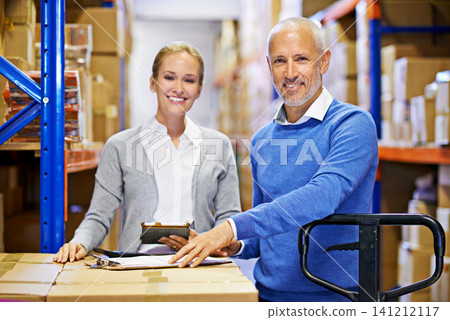 Portrait, warehouse and man with woman, tablet or documents with shipping form or cargo. Supply chain, factory or manufacturing with teamwork or boxes with stock or logistics with storage or industry Portrait, warehouse and man with woman, tablet or documents with shipping form or cargo. Supply chain, factory or manufacturing with teamwork or boxes with stock or logistics with storage or industry 141212117