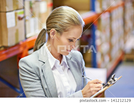 Inspector, writing and woman in warehouse with inventory for quality control and freight distribution. Logistics, person and wholesale supplier with stock checklist in supply chain for inspection 141212129