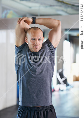 Athlete, man and stretching with goal for workout, exercise and fitness with smile for competition. Male person, healthcare and wellness with sport as hobby, daily routine and cardio with happiness Athlete, man and stretching with goal for workout, exercise and fitness with smile for competition. Male person, healthcare and wellness with sport as hobby, daily routine and cardio with happiness 141212158