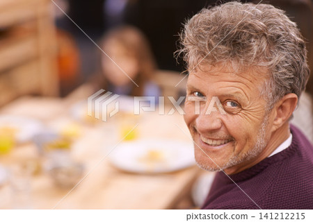 Senior man, breakfast and portrait in house with table for eating, health and love. Mature father, food and smile in home with family, kitchen table and juice for lunch, nutrition and happiness. Senior man, breakfast and portrait in house with table for eating, health and love. Mature father, food and smile in home with family, kitchen table and juice for lunch, nutrition and happiness. 141212215