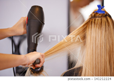 Brush, haircare and hands with hairdryer for beauty, people at hairdresser for maintenance and heat treatment. Electric appliance, styling and blow drying for makeover or grooming with cosmetic care Brush, haircare and hands with hairdryer for beauty, people at hairdresser for maintenance and heat treatment. Electric appliance, styling and blow drying for makeover or grooming with cosmetic care 141212224