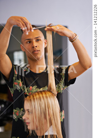 Hairdresser, woman and man with scissor for haircut, styling and beauty treatment with maintenance for hair care. Grooming, cosmetic and stylist at professional salon with client, pamper and makeover Hairdresser, woman and man with scissor for haircut, styling and beauty treatment with maintenance for hair care. Grooming, cosmetic and stylist at professional salon with client, pamper and makeover 141212226
