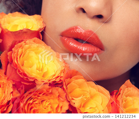 Lips, macro and woman with flowers, plants and bouquet for fragrance, scent and makeup for sustainable cosmetics. Girl, rose and mouth for beauty with eco friendly, floral and organic skin care 141212234