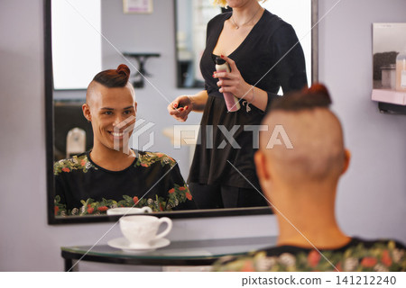 Spray, styling and happy man in mirror with hairdresser for professional haircare, cut or luxury treatment. Grooming, hair and client at salon for care, unique haircut and small business with service Spray, styling and happy man in mirror with hairdresser for professional haircare, cut or luxury treatment. Grooming, hair and client at salon for care, unique haircut and small business with service 141212240