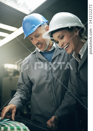 Manager, smile and factory in packaging plant for industry, logistics and manufacturing distribution. Mature people and laugh for assess of production quality in warehouse for supply chain and stock Manager, smile and factory in packaging plant for industry, logistics and manufacturing distribution. Mature people and laugh for assess of production quality in warehouse for supply chain and stock 141212272