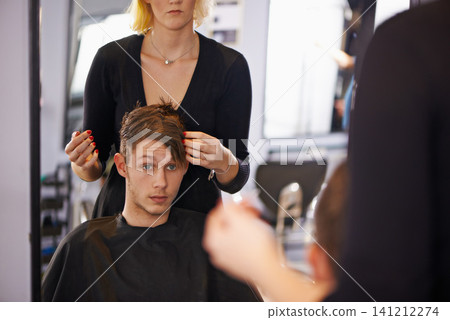 Customer, styling and man in mirror with hairdresser for professional haircare, cut or luxury treatment. Grooming, hair and client at salon for care, unique haircut and small business with service Customer, styling and man in mirror with hairdresser for professional haircare, cut or luxury treatment. Grooming, hair and client at salon for care, unique haircut and small business with service 141212274