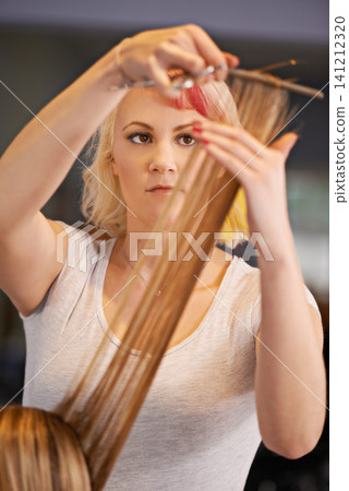 Hairdresser, hands and woman with scissors for haircut, styling and beauty treatment with hair care maintenance. Grooming, cosmetic and stylist at professional salon with client, pamper and makeover Hairdresser, hands and woman with scissors for haircut, styling and beauty treatment with hair care maintenance. Grooming, cosmetic and stylist at professional salon with client, pamper and makeover 141212320