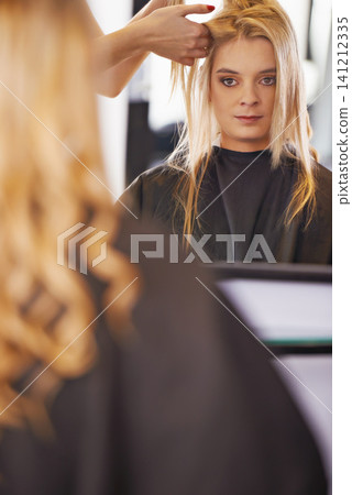 Woman, hair style and salon with mirror, volume and washing with shampoo and keratin. Customer, worker and girl with service and scalp cleaning with client and cutting with beauty and cosmetics Woman, hair style and salon with mirror, volume and washing with shampoo and keratin. Customer, worker and girl with service and scalp cleaning with client and cutting with beauty and cosmetics 141212335