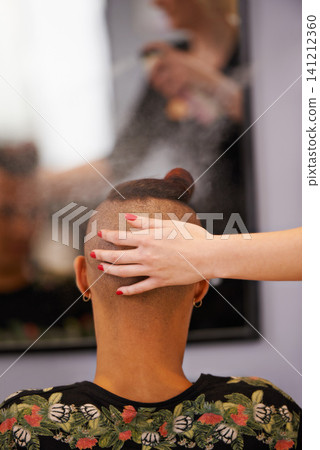 Female hairdresser, mirror and client at barber shop for styling, grooming and professional hair treatment. Male customer, haircut and hairspray in salon chair for makeover and luxury haircare. Female hairdresser, mirror and client at barber shop for styling, grooming and professional hair treatment. Male customer, haircut and hairspray in salon chair for makeover and luxury haircare. 141212360