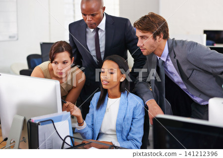 Business people, discussion and teamwork with computer for planning, coaching or brainstorming at office. Group of young employees working together on PC for collaboration, presentation or meeting 141212396